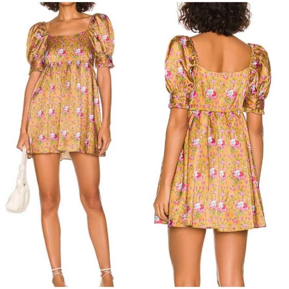LOVESHACKFANCY Bennington Puff Sleeve Babydoll Mini Dress in Ruby Goldmine